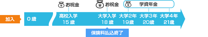 高校入学に合わせてお祝金を受け取り、大学入学からは毎年、学資年金を受け取ります。
