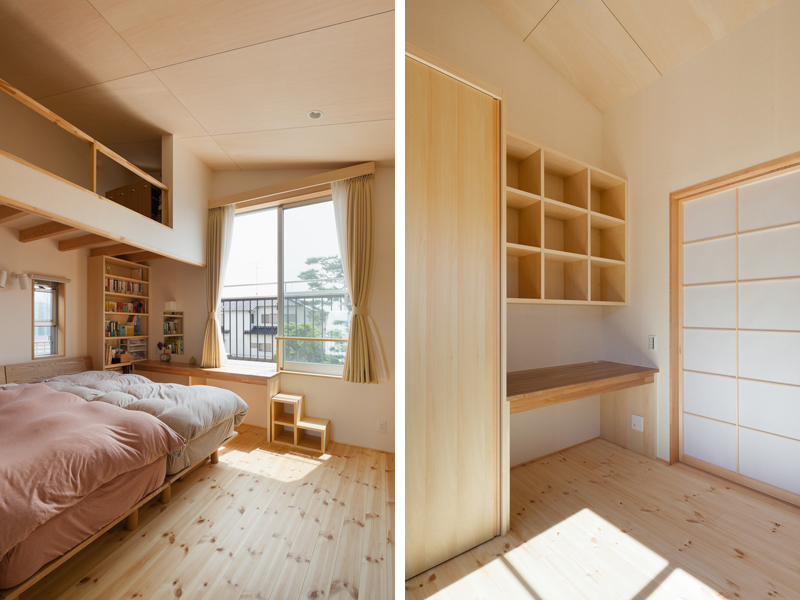 左：造付けのドレッサーのあるロフト付き主寝室。右：造付けの収納と机のある子供室