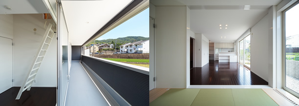 左：2階のバルコニーからは生駒山の季節の移ろいを楽しむことができる。
						右：和室からリビング・ダイニングを望む。南面から差し込む日差しが明るいパブリックスペースに。