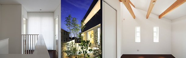 左：2階には階段室を設けた。手すりがアクセントに。 中央：新しくつくった外構からK邸を望む（夜景）。
						右：梁を生かした主寝室。