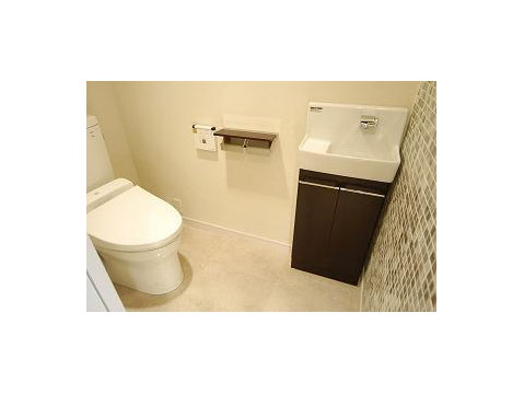 トイレ・洗面所の壁面の一部は、小さいモザイクタイルを使用