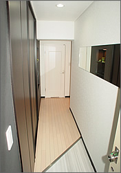 玄関の細長いエントランスは、片面を壁からクローゼット扉まで全て黒に。