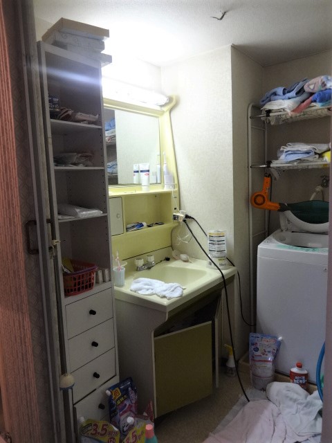 実験シンクの洗面台。造作のオープン棚も組み合わたお洒落な洗面