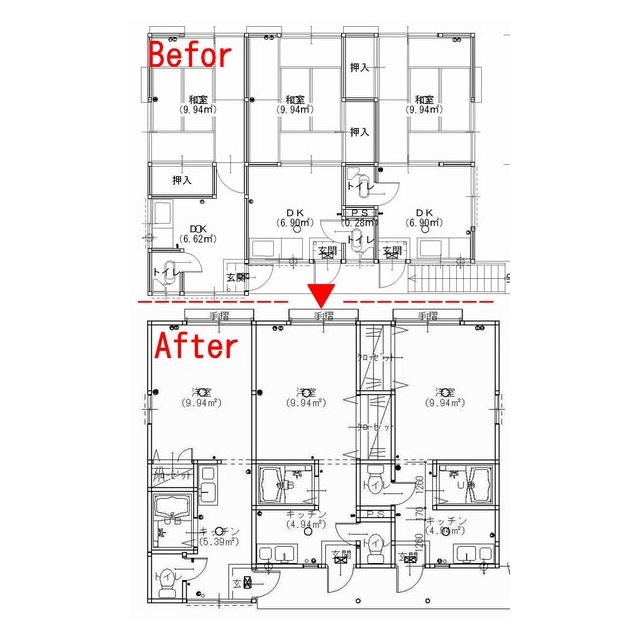 各部屋均等になるよう、このような間取り変更を行いました。