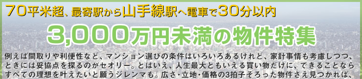 70平米超、最寄駅から山手線駅へ電車で30分以内 3,000万円未満のマンション特集