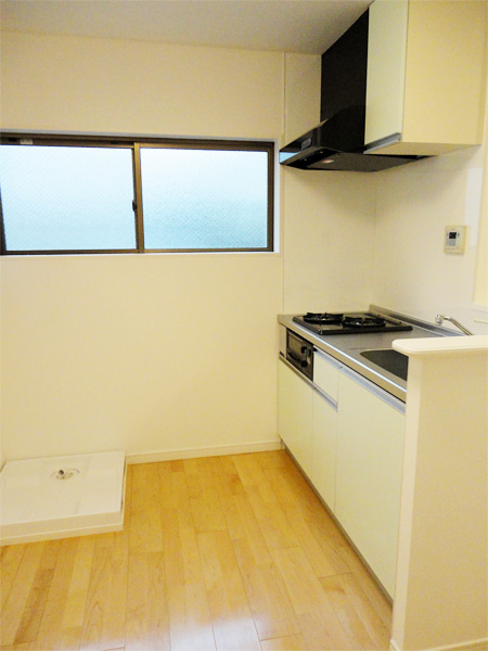ゆったりのキッチンスペースには冷蔵庫と洗濯機を置くスペースを確保。