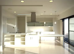 真っ白なアイランドキッチンが生み出すリビングレス空間を実現
