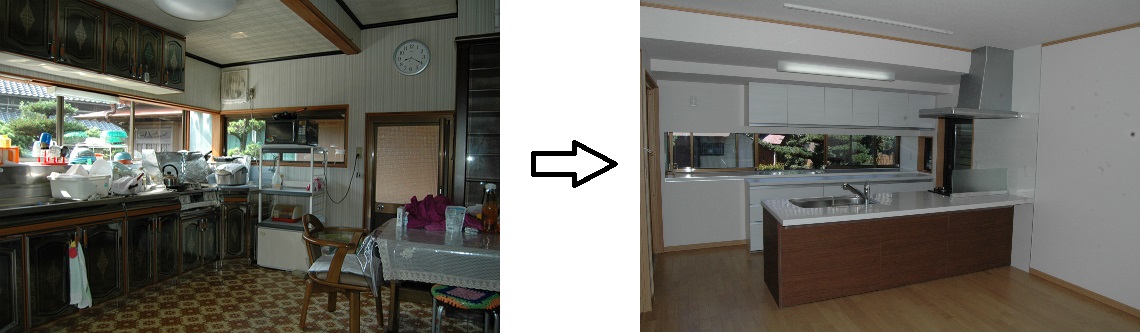 リフォーム工事前と完成後のキッチンの写真です。